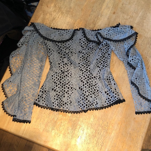 Alexis sky blue lace long sleeve off-the -shoulder top - Picture 1 of 9